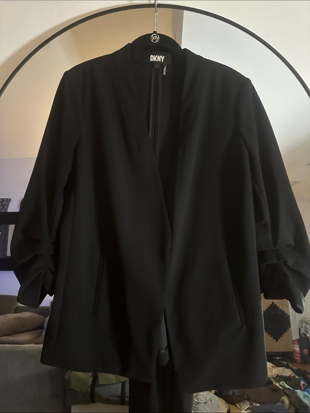 DKNY Black Open-Front Relaxed Blazer with Gathered Sleeves